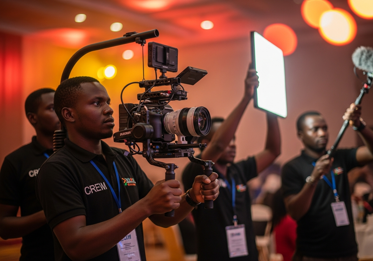 Video production crew filming an event with a cinema camera on a gimbal