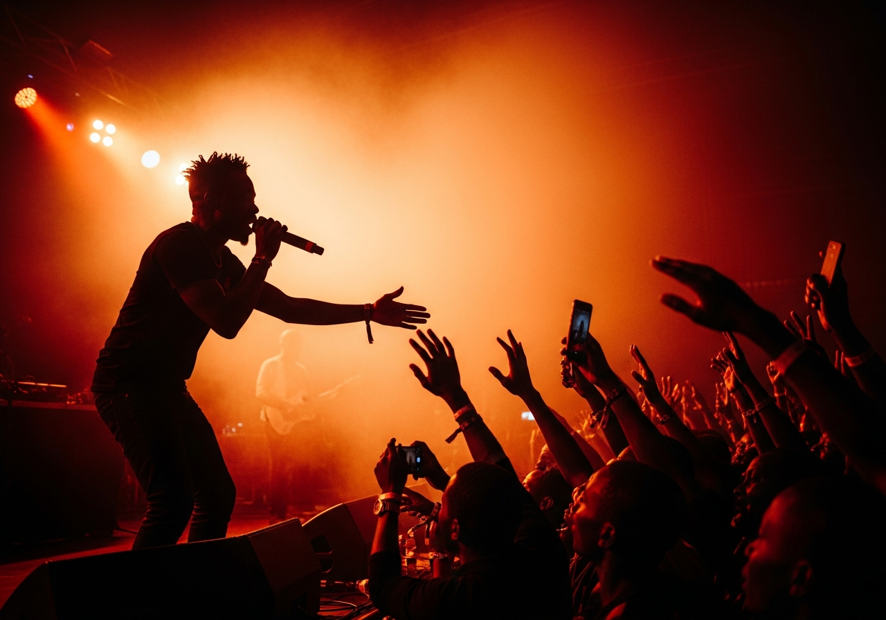 Concert stage silhouette with warm dramatic lighting