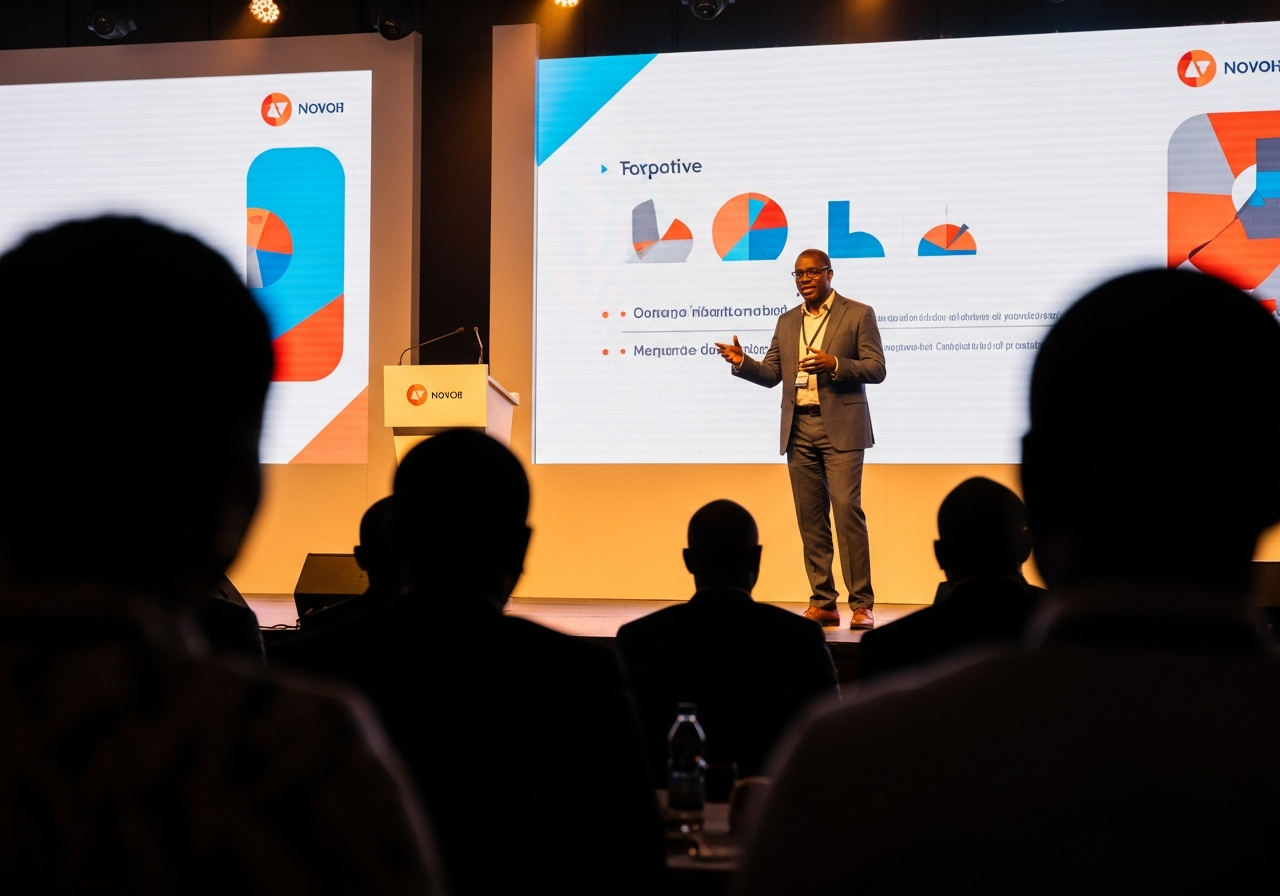 Speaker presenting on a corporate conference stage