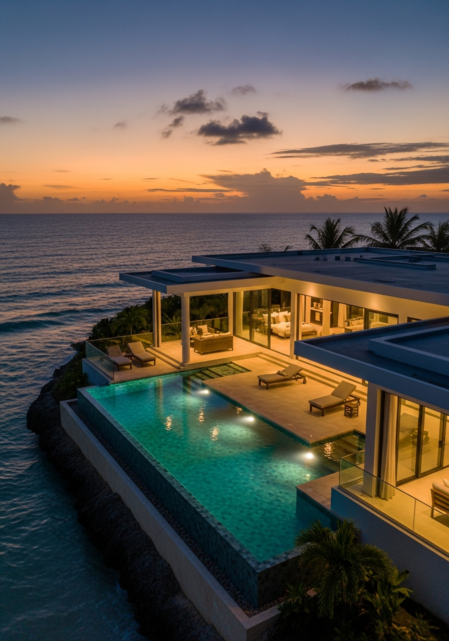 Drone aerial view of a modern house at dusk