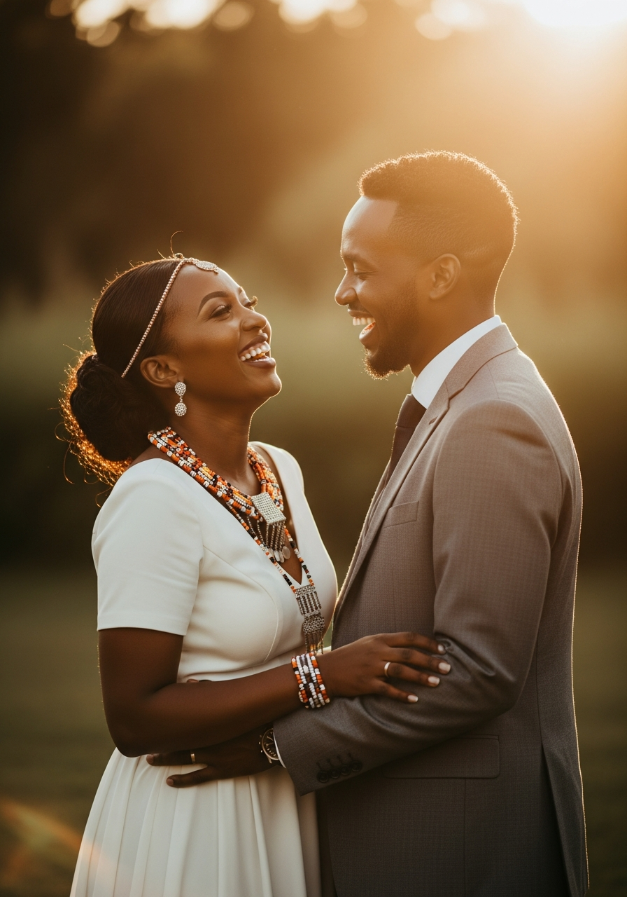 Bride and groom laughing together outdoors at golden hour